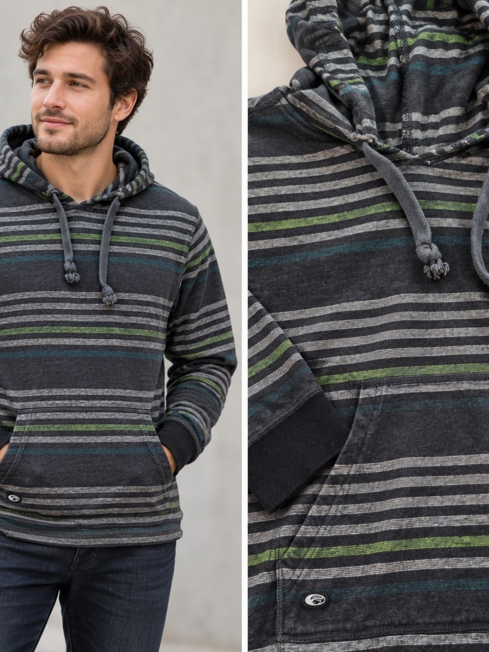 Point Zero Men's Charcoal Striped Hooded Pullover with Green & Blue Accents